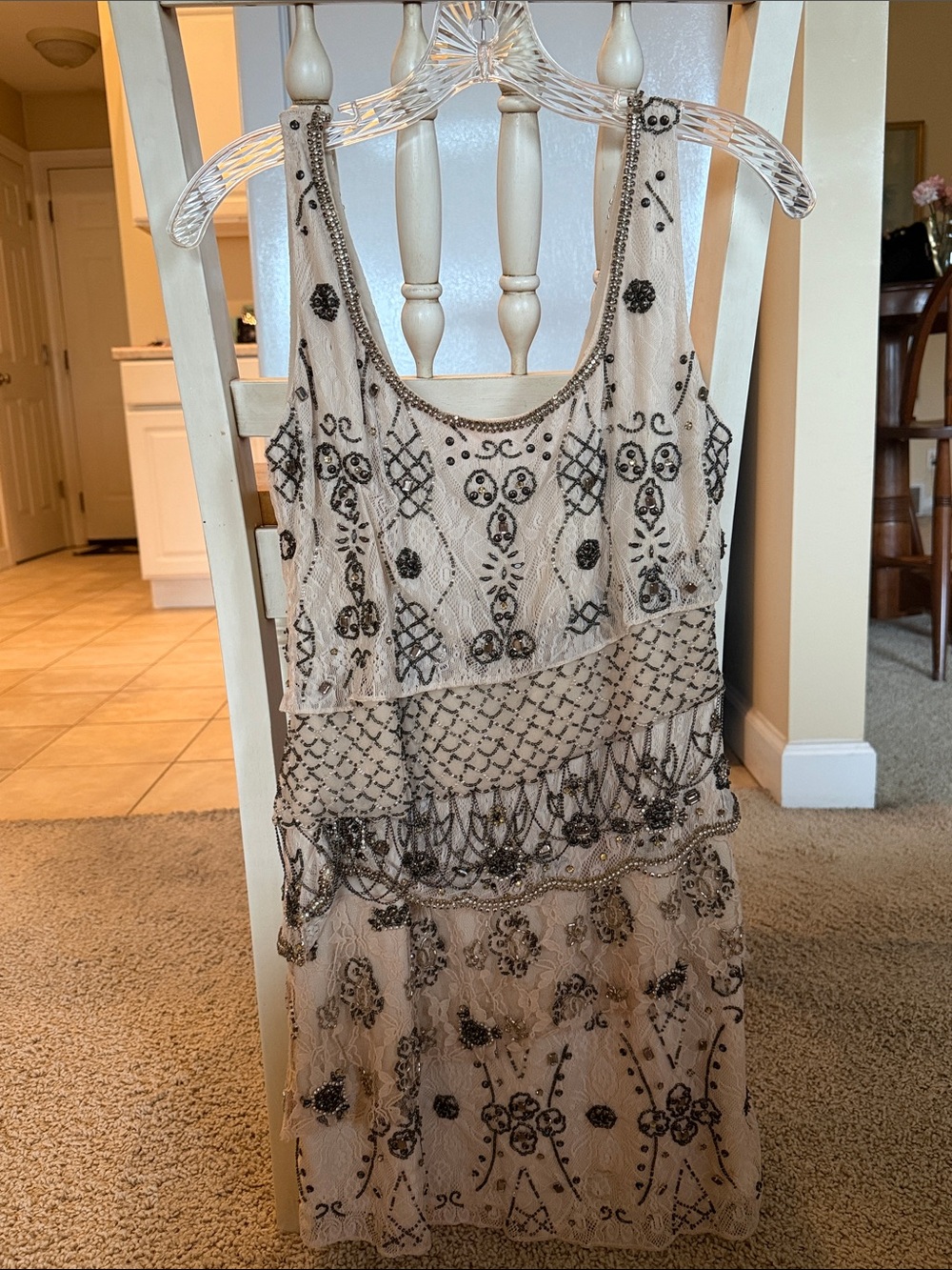 Alice + Olivia Ivory and Black Beaded Tiered Midi Dress